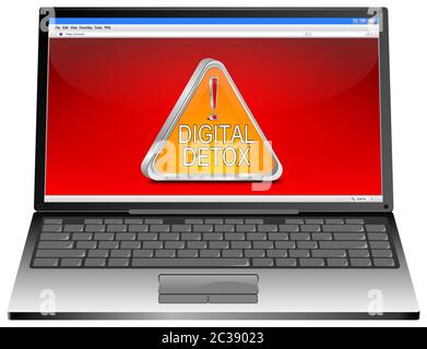 Laptop with orange Digital Detox Button on red desktop - 3D illustration Stock Photo