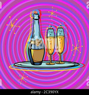 A bottle of champagne with glasses on a tray. Celebration. Pop art retro vector illustration vintage kitsch 50s 60s Stock Photo