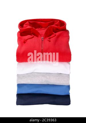 stack of five hooded sweaters isolated on white background Stock Photo
