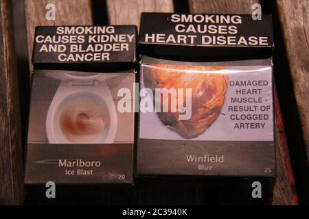 cigarettes in australia packaging Examples of plain cigarette packaging in Australia Stock Photo
