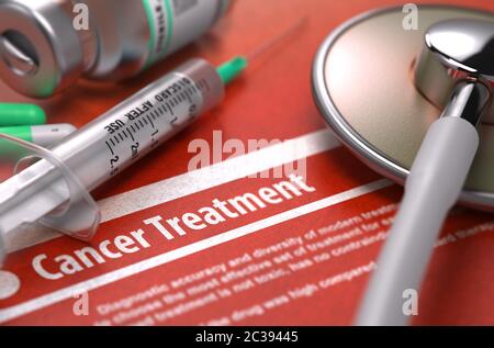 Cancer Treatment - Printed Diagnosis on Orange Background with Blurred Text and Composition of Pills, Syringe and Stethoscope. Medical Concept. Select Stock Photo