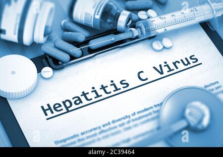 Hepatitis C Virus - Medical Report with Composition of Medicaments - Pills, Injections and Syringe. Toned Image. 3D Rendering. Stock Photo