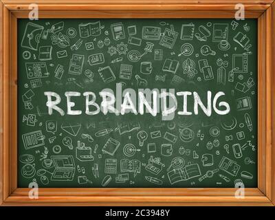 Rebranding - Hand Drawn on Green Chalkboard with Doodle Icons Around. Modern Illustration with Doodle Design Style. Stock Photo