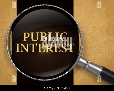 Public Interest Concept through Magnifier on Old Paper with Black Vertical Line Background. 3D Render. Stock Photo