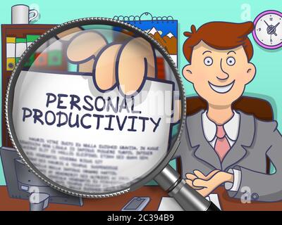 Personal Productivity on Paper in Man's Hand to Illustrate a Business Concept. Closeup View through Magnifying Glass. Multicolor Modern Line Illustrat Stock Photo