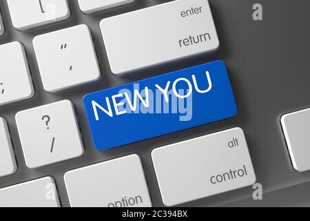 New You Concept: Slim Aluminum Keyboard with New You, Selected Focus on Blue Enter Key. Keyboard with Blue Button - New You. Modern Keyboard with Hot Stock Photo