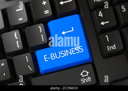 E-business on Modern Keyboard Background. E-business Concept: Computer Keyboard with E-business on Blue Enter Button Background, Selected Focus. 3D Re Stock Photo