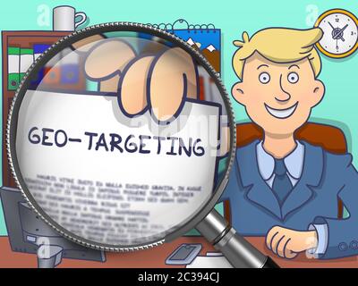 Geo-Targeting. Business Man in Office Holds Out a through Lens Text on Paper. Multicolor Modern Line Illustration in Doodle Style. Stock Photo