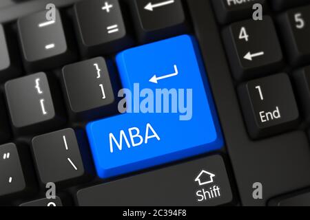 Keypad Mba on Black Keyboard. Mba Written on a Large Blue Keypad of a PC Keyboard. Concepts of Mba, with a Mba on Blue Enter Keypad on PC Keyboard. 3D Stock Photo