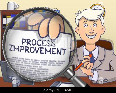 Process Improvement. Successful Business Man Sitting in Offiice and Holding a Text on Paper through Lens. Colored Doodle Illustration. Stock Photo