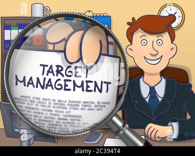 Target Management. Business Man Shows Paper with Inscription through Magnifier. Multicolor Doodle Style Illustration. Stock Photo