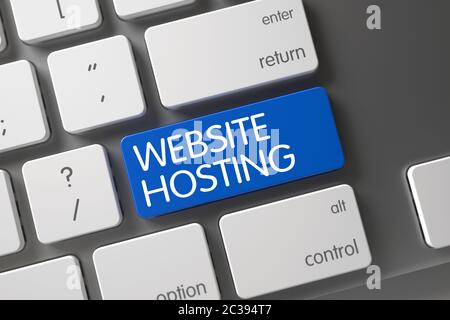 Website Hosting Written on Blue Button of Slim Aluminum Keyboard. Website Hosting CloseUp of Modern Laptop Keyboard on Laptop. Keyboard with Blue Key Stock Photo