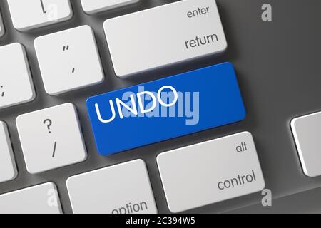 Button Undo on Modern Laptop Keyboard. Undo Concept: Modern Laptop Keyboard with Undo, Selected Focus on Blue Enter Button. White Keyboard Button Labe Stock Photo