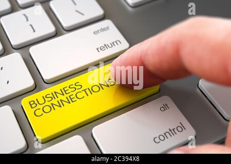 Hand Finger Press Business Connections Keypad. Man Finger Pushing Business Connections Yellow Button on Modern Laptop Keyboard. Hand Pushing Business Stock Photo