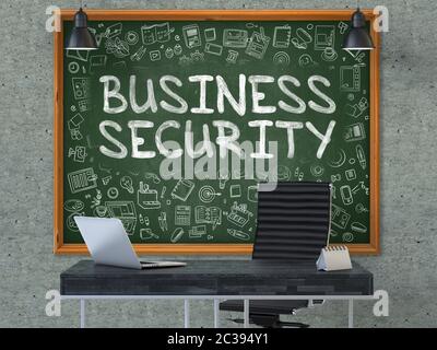 Business Security Concept Handwritten on Green Chalkboard with Doodle Icons. Office Interior with Modern Workplace. Gray Concrete Wall Background. 3D. Stock Photo