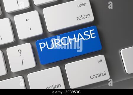 Button Purchase on Modern Keyboard. Keyboard with Blue Keypad - Purchase. Concept of Purchase, with Purchase on Blue Enter Button on White Keyboard. 3 Stock Photo