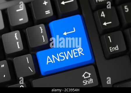 Answer on Modern Keyboard Background. Modernized Keyboard with the words Answer on Blue Key. Key Answer on Computer Keyboard. Answer Keypad on Black K Stock Photo