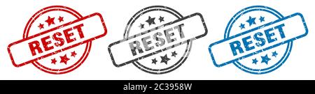 reset stamp. reset round isolated sign. reset label set Stock Vector