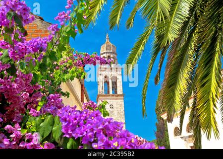 Vela Luka: Town of Vela Luka on Korcula island church tower and flowers view Stock Photo