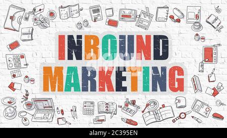 Inbound Marketing Concept. Modern Line Style Illustration. Multicolor Inbound Marketing Drawn on White Brick Wall. Doodle Icons. Doodle Design Style o Stock Photo