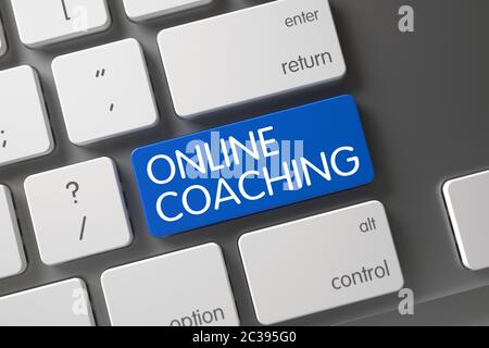 Laptop Keyboard with the words Online Coaching on Blue Key. Online Coaching Concept: Modern Laptop Keyboard with Online Coaching, Selected Focus on Bl Stock Photo