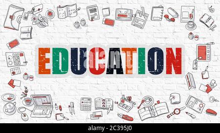 Education. Multicolor Inscription on White Brick Wall with Doodle Icons Around. Education Concept. Modern Style Illustration with Doodle Design Icons. Stock Photo