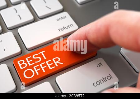 Best Offer Concept - White Keyboard with Keypad. Finger Pressing a White Keyboard Keypad with Best Offer Sign. Finger Pushing Best Offer Keypad on Sli Stock Photo