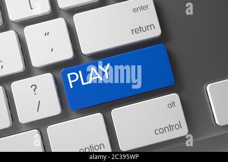 Slim Aluminum Keyboard Button Labeled Play. Keyboard with Blue Button - Play. Play CloseUp of Modernized Keyboard on Laptop. Blue Play Keypad on Keybo Stock Photo