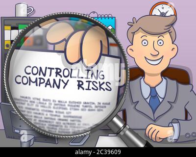 Controlling Company Risks through Magnifier. Business Man Shows Paper with Concept. Closeup View. Colored Modern Line Illustration in Doodle Style. Stock Photo