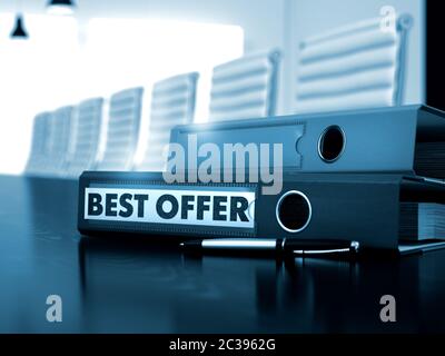Best Offer - Business Concept on Toned Background. Ring Binder with Inscription Best Offer on Office Desk. Best Offer. Concept on Toned Background. 3D Stock Photo