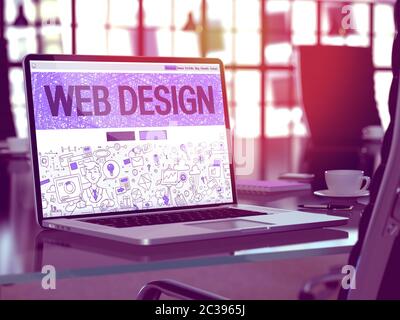 Web Design Concept. Closeup Landing Page on Laptop Screen in Doodle Design Style. On Background of Comfortable Working Place in Modern Office. Blurred Stock Photo