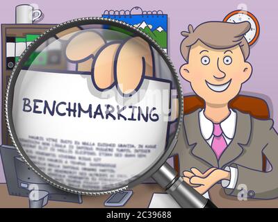 Benchmarking. Smiling Officeman in Office Workplace Shows Text on Paper through Magnifying Glass. Colored Doodle Illustration. Stock Photo