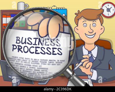 Business Processes on Paper in Officeman's Hand to Illustrate a Business Concept. Closeup View through Lens. Multicolor Modern Line Illustration in Do Stock Photo