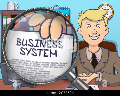 Business Man in Office Workplace Holding a Concept on Paper Business System. Closeup View through Lens. Multicolor Modern Line Illustration in Doodle Stock Photo