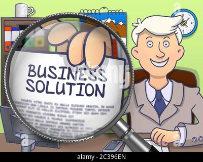 Business Solution. Officeman in Office Holding a through Magnifier Concept on Paper. Colored Modern Line Illustration in Doodle Style. Stock Photo