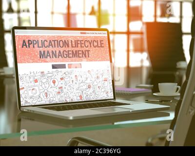 Application Lifecycle Management Concept Closeup on Landing Page of Laptop Screen in Modern Office Workplace. Toned Image with Selective Focus. 3D Ren Stock Photo
