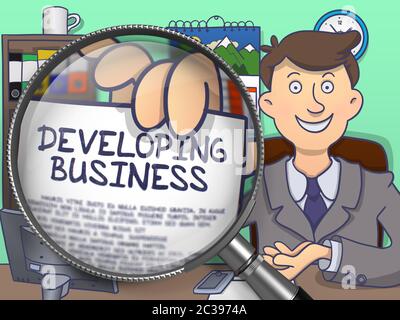 Business Man in Suit Showing a Concept on Paper Developing Business Concept through Magnifier. Closeup View. Multicolor Doodle Illustration. Stock Photo