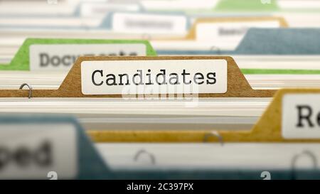 Candidates Concept on File Label in Multicolor Card Index. Closeup View. Selective Focus. 3D Render. Stock Photo