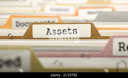 File Folder Labeled as Assets in Multicolor Archive. Closeup View. Blurred Image. 3D Render. Stock Photo