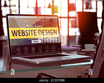 Website Design Concept. Closeup Landing Page on Laptop Screen  on background of Comfortable Working Place in Modern Office. Blurred, Toned Image. Stock Photo