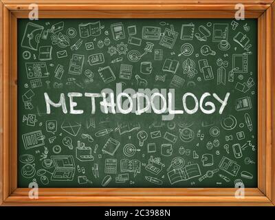 Methodology Concept. Line Style Illustration. Methodology Handwritten on Green Chalkboard with Doodle Icons Around. Doodle Design Style of  Methodolog Stock Photo