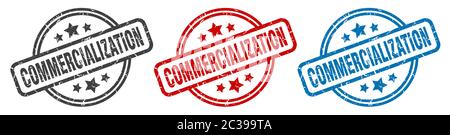 commercialization stamp. commercialization round isolated sign. commercialization label set Stock Vector