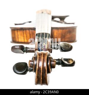Old dark brown Violin isolated on white Stock Photo