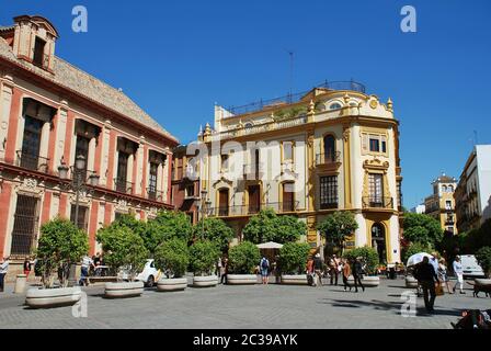 The Plaza Virgen de los Reyes in Seville, Spain on April 3, 2019. The historic square is in the Santa Cruz district of the City. Stock Photo