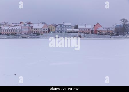 Minsk, Belarus - November 26, 2019: NemigaTrinity Suburb. City landscape. Svislach river bank in the city center Stock Photo