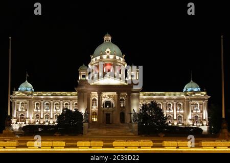 Serbian Parliament building in Belgrade at night Stock Photo