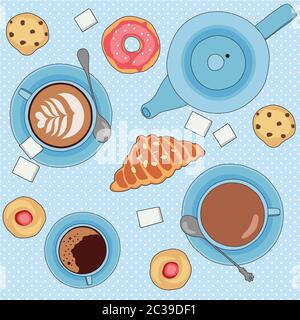 Seamless vector pattern with tea and coffee cups, cookies and pastry Stock Vector