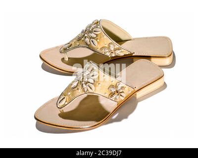 handmade sandals flip flops decorated with shells isolated on white Stock Photo
