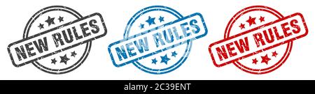 new rules stamp. new rules round isolated sign. new rules label set Stock Vector