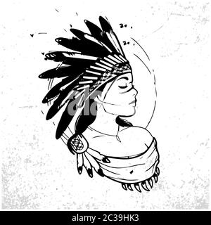 Young woman in costume of American Indian. Silhouette of beautiful Indian women. Sketch abstract to Create Distressed Effect. Stock Vector